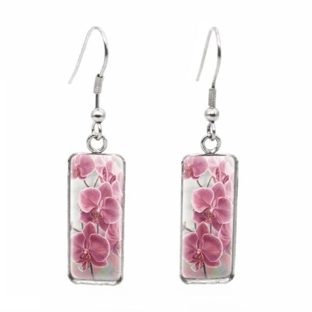 NWT Pink Orchid Flower Dangle Earrings – Glass Resin Drop Jewelry